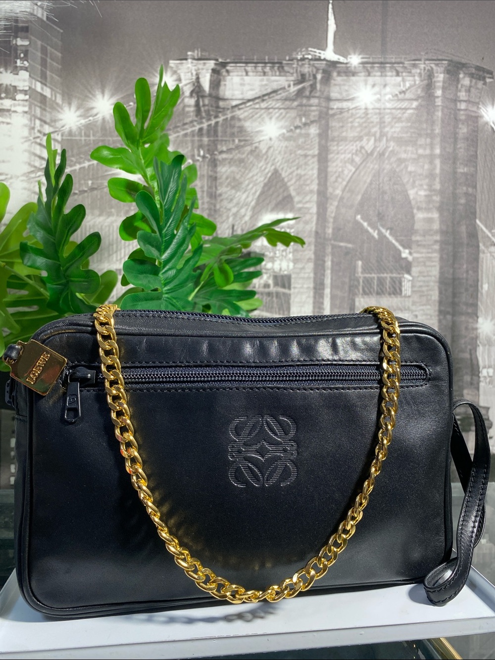 Authentic Loewe Anagram Embossed Genuine Black Leather Clutch Bag